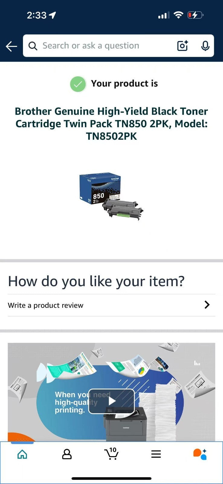 BROTHER TN850 HIGH-YIELD BLACK TONER CARTRIDGE - TN-850 2 PACK